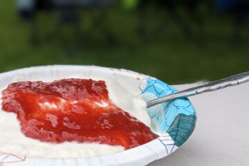 a bowl of homemade ice cream topped with rhubarb syrup