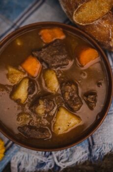 a bowl of beef cubes and potato stew